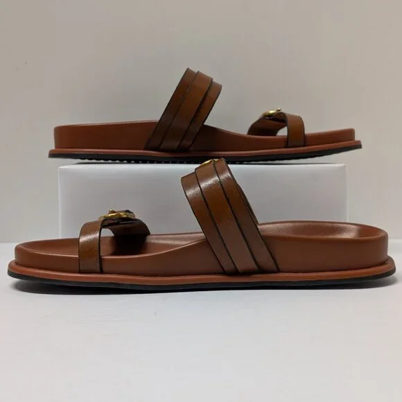 Steve Madden Zina Leather Double Strap and Buckle Sandals in Brown & Gold - Picture 7 of 12